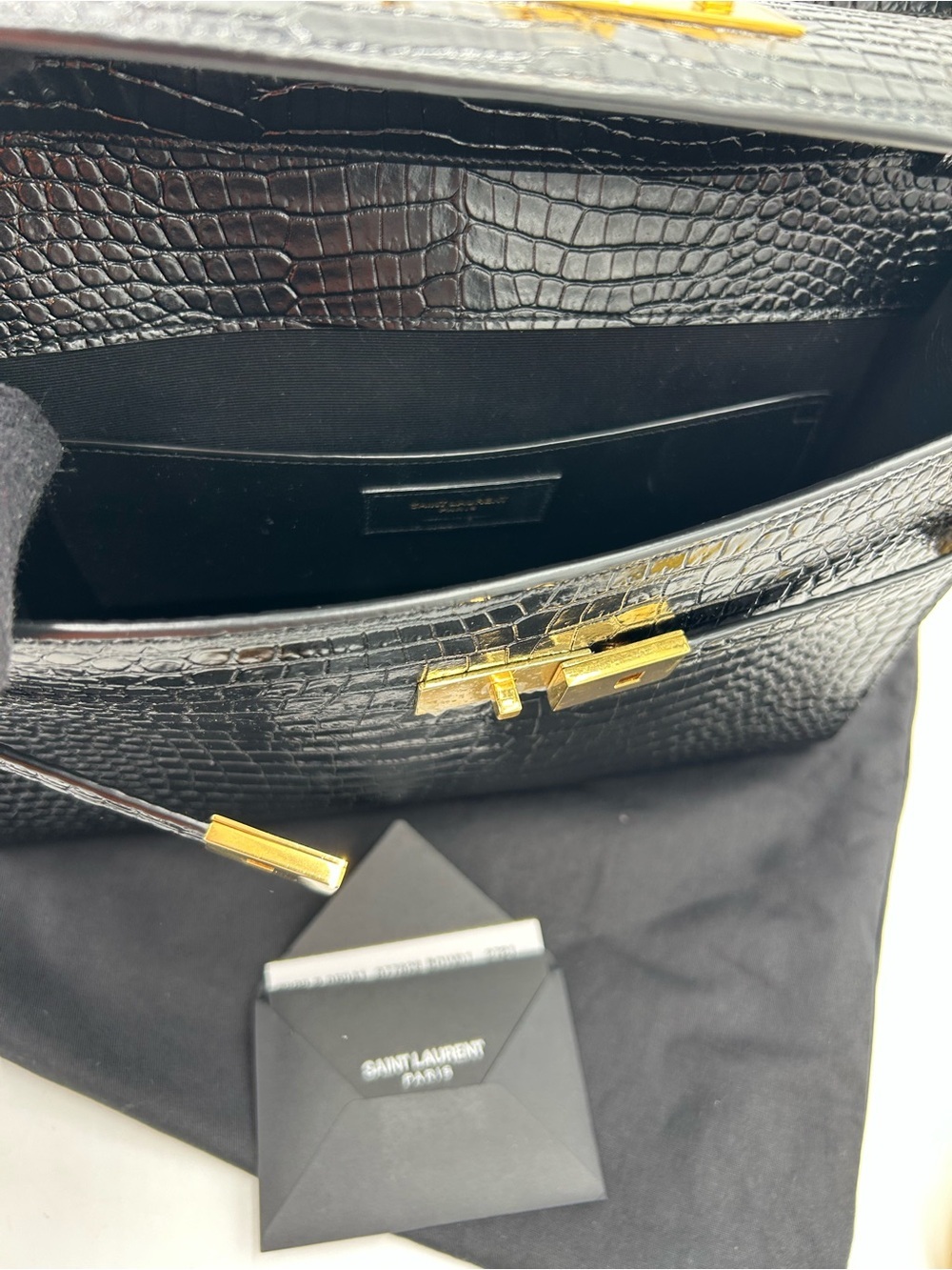 Saint Laurent Manhattan Croc-Embossed Leather Shoulder Bag with Gold-Tone Hardwa - Picture 10 of 14